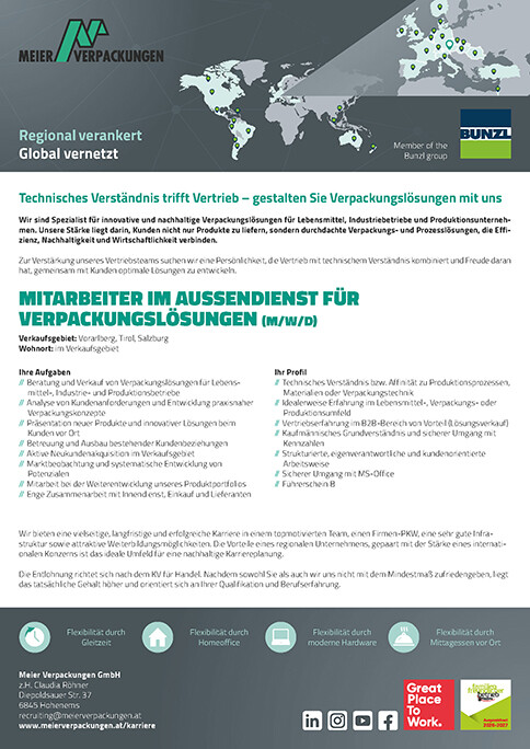Stelleninserat Außendienstmitarbeiter im Bereich Verpackungs- &amp; Verbrauchsartikel (m/w/d), Meier Verpackungen