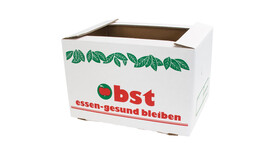 Kartonsteige zum Stecken für 10 kg, Motiv: &amp;quot;Obst essen - gesund bleiben (neutral)&amp;quot;, IM: L 376 mm x B 281 mm x H 232 mm, Qualität: 335 EB, weiß/braun, A-Nr.: 01405 - 01