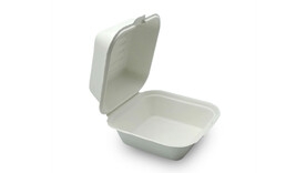 Menübox to go, 550 ml, Bagasse, 152,9 x 147 x 44,2 mm, weiß, ungeteilt, mit anhängendem Deckel, A-Nr.: 95122 - 01