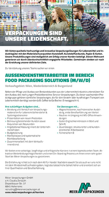 Stelleninserat Außendienstmitarbeiter Food Packaging Solutions, Wien, Niederösterreich, Burgenland